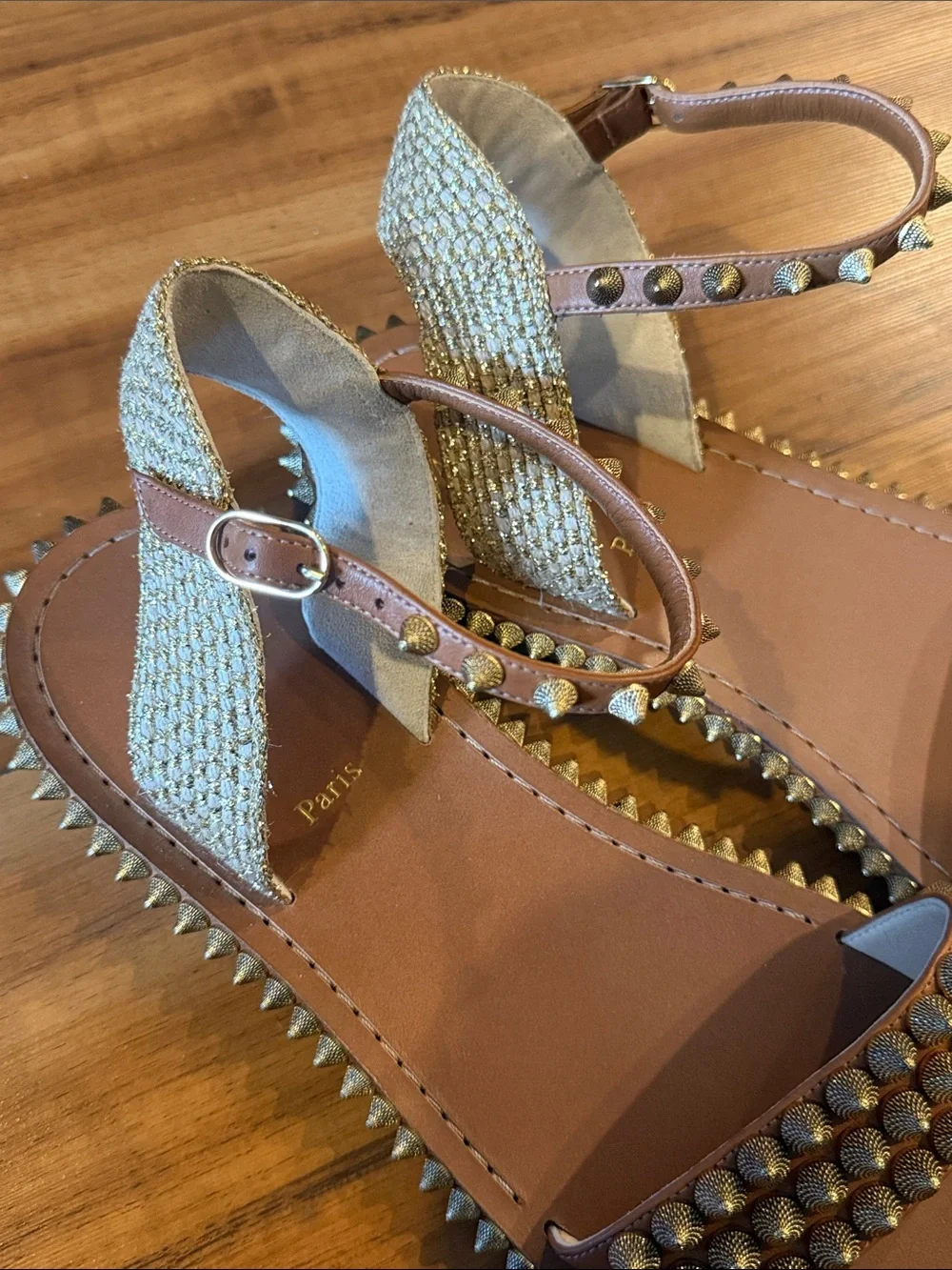 Christian Louboutin Brown Leather Studded Flat Sandals with Gold Spikes size 40